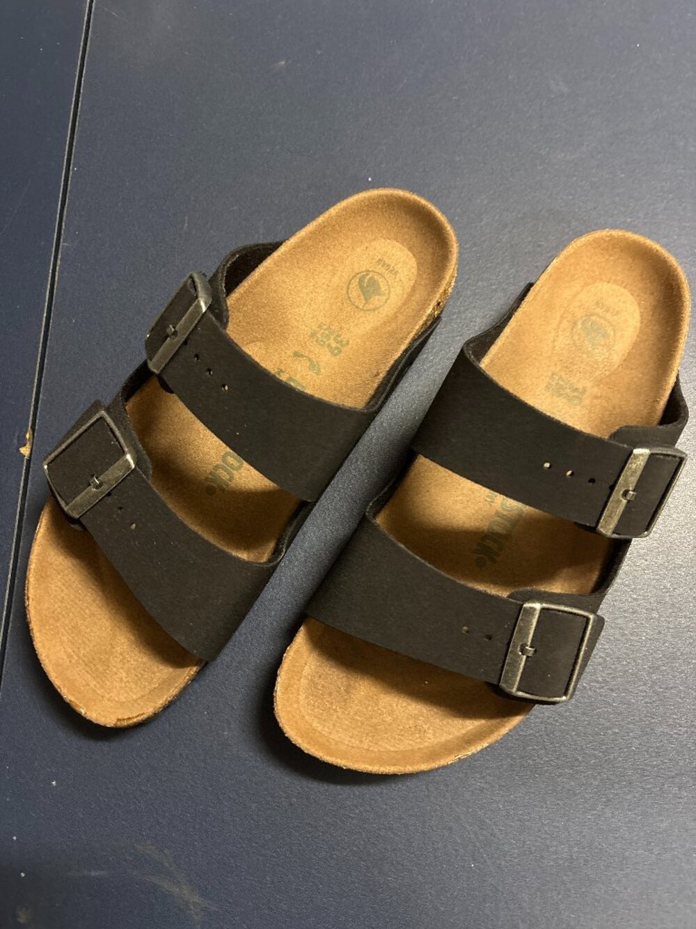 Birkenstock Arizona Vegan Black Two-Strap Sandals Size 39 W8 M6 Cork Slides